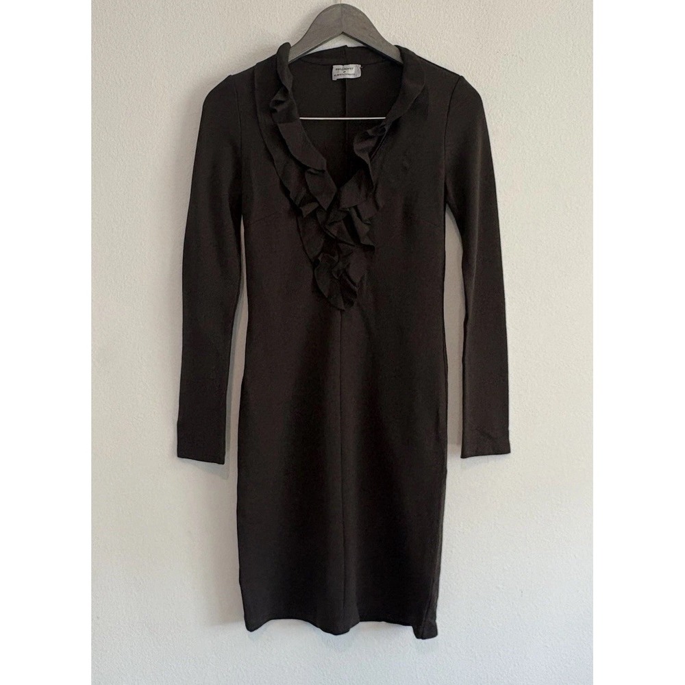 Philosophy di Alberta Ferretti Brown Sheath Ruffle V Neck Dress Womens 2 Stretch